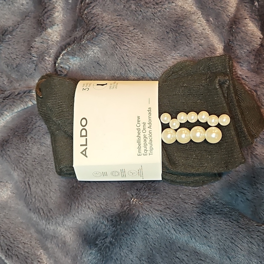 NWT ALDO Pearl Embellished Black Crew Socks OSFA 3 Pair